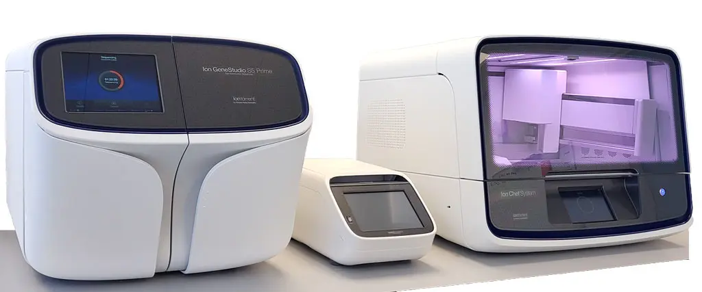 Ion GeneStudio S5 Prime next generation sequencing system next to a thermal cycler and an Ion Chef library preparation system