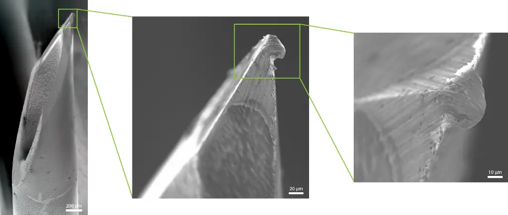 Electron microscope images of a hypodermic needle at increasing magnifications